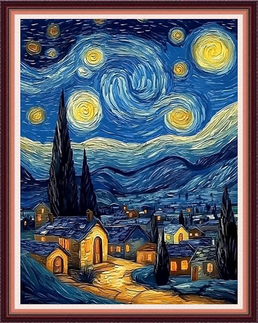 Fanxvivy Stamped Cross Stitch Kits for Beginners Full Range of Cross Stitching Preprinted Embroidery Kits for Adults, 11CT Embroidery Pattern Needlepoint Kits-Van Gogh's House Starry Sky 16x20 inch