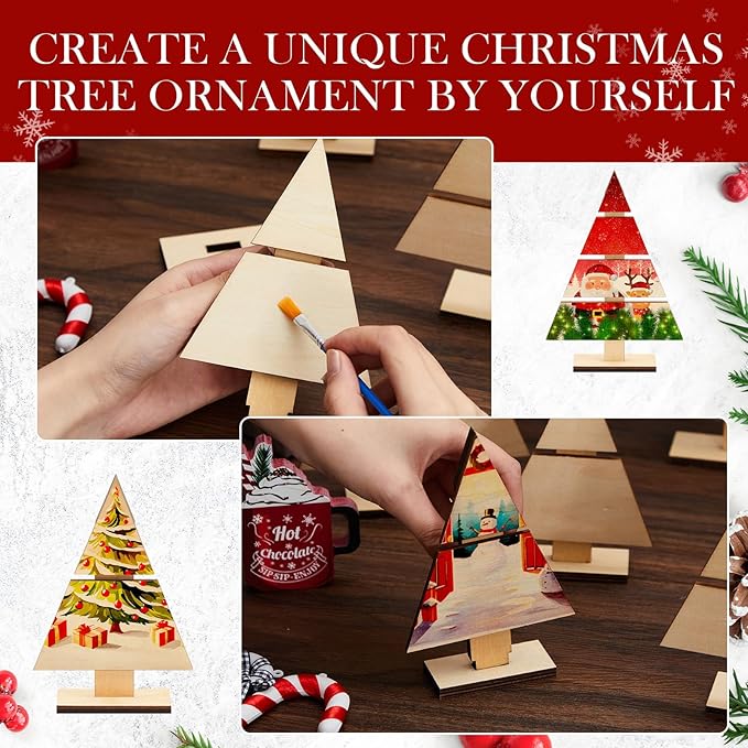Soaoo 8 Pcs Christmas Standing Wood Pallet 8.66" x 6", 6" x 4" Christmas Tree Unfinished DIY Wooden Ornaments Kit Rustic Wooden Crafts 12 Colors Pigment Palettes and Paint Brushes