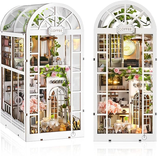 Foyucool DIY Book Nook Kit, Miniature Bookshelf Decor with LED Lights, Laser-Cut Wooden Craft Set for Adults, Creative Gift for Christmas, Birthday, Coffee Garden
