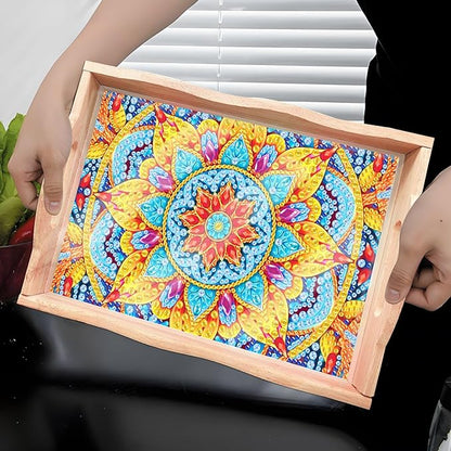 DIY Art Painting Wooden Tray Kit, Food Tray with Handle Diamond Painted Table Decoration Tray, for Breakfast, Bar Dinner Table Diamond Dots Gem Painting Art Set for Beginners (#01-Mandala)