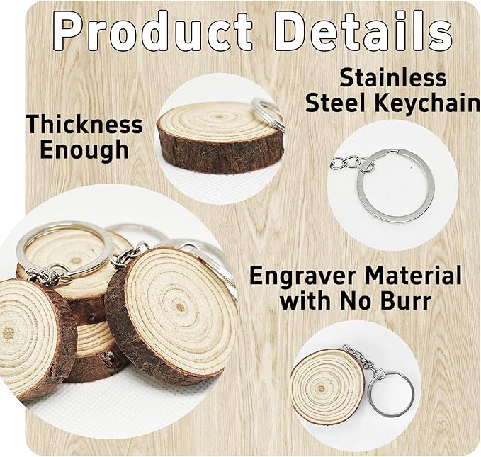 pson 20Pcs 4.5CM Wooden Round Keychain Blanks, Unfinished Smooth Wood Slices with Pre-Drilled Holes & Metal Key Rings for DIY Personalized Crafts, Ornaments & Decoration