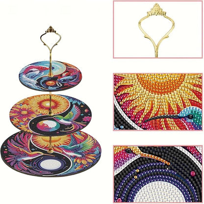 Three-Tier Diamond Painting Wooden Cake Stand DIY Sunflower Diamond Painting Cupcake Towel-Lined Tiered Tray Reusable Pastry Stand (Sunflower)