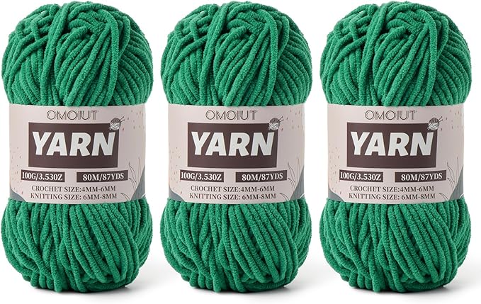 Fluffy Chenille Yarn for Crocheting - Baby Yarn for Crocheting Soft Blanket - 3 Pack of 100g/(87.4yds) Crochet Amigurumi Chunky Yarns - Super Bulky 5 Velvet Yarns (3 Green)