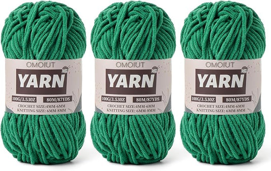 Fluffy Chenille Yarn for Crocheting - Baby Yarn for Crocheting Soft Blanket - 3 Pack of 100g/(87.4yds) Crochet Amigurumi Chunky Yarns - Super Bulky 5 Velvet Yarns (3 Green)