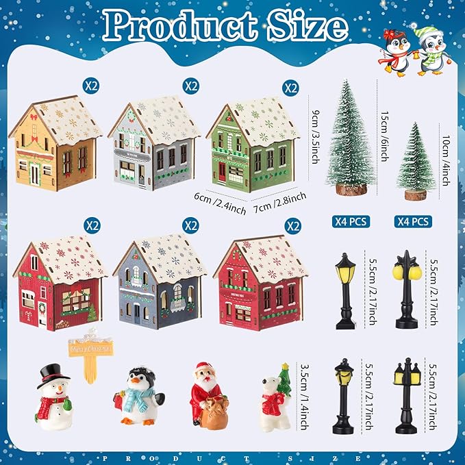 29 Pcs DIY Christmas Village Sets 12 Pcs Wood Village Houses Xmas Scene Figurines Decoration Mini Tree Desktop Ornament for Indoor Room Landscape Xmas Holiday Party Decor (Winter Style)