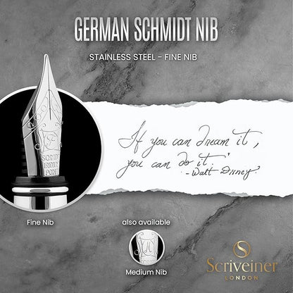 Scriveiner Stainless Steel Fountain Pen - Stunning Luxury Pen with Steel Finish, Schmidt Steel Nib (Fine), Best Pen Gift Set for Men & Women, Professional, Executive Office, Nice Designer Pens