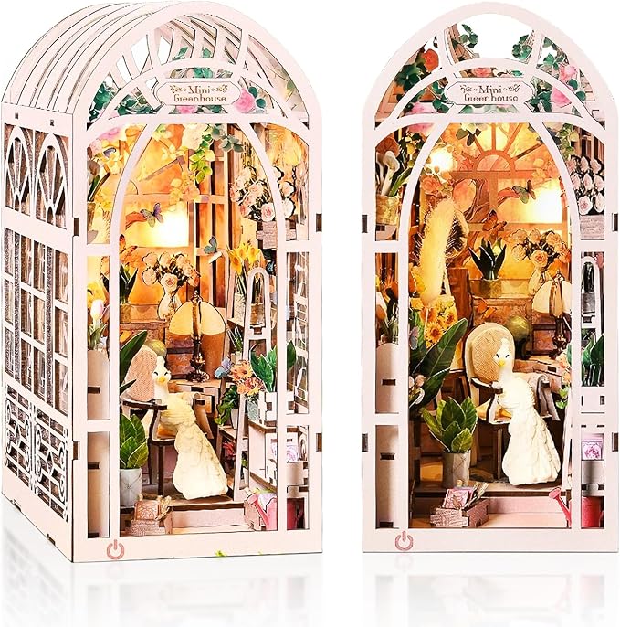 Foyucool DIY Book Nook Kit, Miniature Bookshelf Decor with LED Lights, Laser-Cut Wooden Craft Set for Adults, Creative Gift for Christmas, Birthday, Greenhouse Flower Room