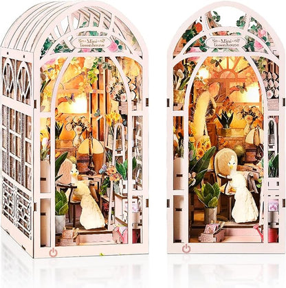 Foyucool DIY Book Nook Kit, Miniature Bookshelf Decor with LED Lights, Laser-Cut Wooden Craft Set for Adults, Creative Gift for Christmas, Birthday, Greenhouse Flower Room