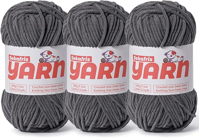 Plush Chunky Chenille Yarn for Crocheting Amigurumi, Soft Fluffy Velvet Yarn for Crocheting, Fuzzy Baby Blanket Knitting 300g/393yds Bulky（3 Dark Gray）