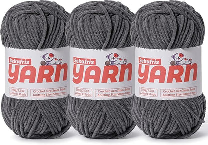 Plush Chunky Chenille Yarn for Crocheting Amigurumi, Soft Fluffy Velvet Yarn for Crocheting, Fuzzy Baby Blanket Knitting 300g/393yds Bulky（3 Dark Gray）