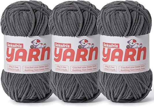 Plush Chunky Chenille Yarn for Crocheting Amigurumi, Soft Fluffy Velvet Yarn for Crocheting, Fuzzy Baby Blanket Knitting 300g/393yds Bulky（3 Dark Gray）
