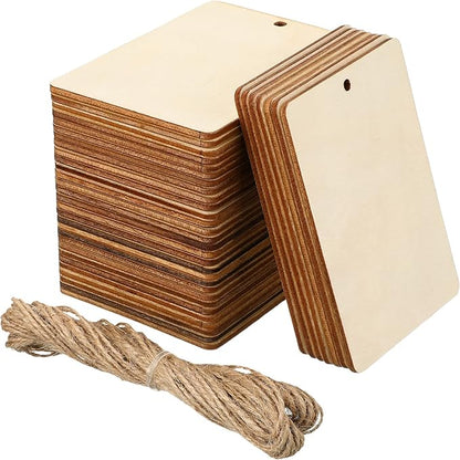 36 Pcs Unfinished Wood Pieces 2.5 x 3.5 Inches Rectangle Square Rustic Blank Wooden Tags with Holes Light Wooden Cutouts with 32.8 Feet Rope for DIY Holiday Valentine Hanging Decorations