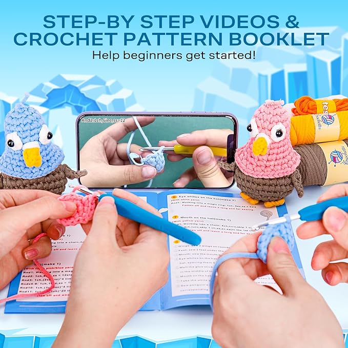 Crochetta Crochet Kit for Beginners, Crochet Kit with Step-by-Step Video Tutorials, Crochet Starter Kit Learn to Crochet Kits for Adults Teenagers, Jumbo 2 Penguins Familly (40%+ Yarn Content)