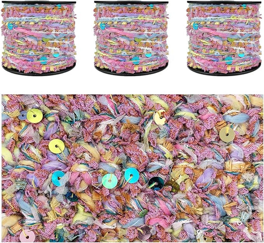 Artisanal Yarn Collection Multifiber Fancy Yarn with Colorful Sequins for Knitting Crocheting Crafts DIY, Set of 3 Rolls (Fairy Tale)