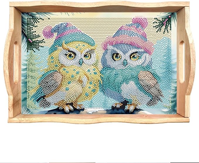 FGbaby DIY 5D Cute Owl Diamond Painting Wood Serving Tray with Handles Diamond Art Decoration Serving Trays Wooden Tray for Breakfast in Bed, Patio, BBQ, Coffee Table, Party –Great for Lap & Couch
