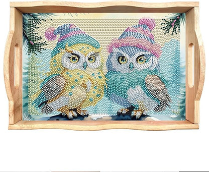 FGbaby DIY 5D Cute Owl Diamond Painting Wood Serving Tray with Handles Diamond Art Decoration Serving Trays Wooden Tray for Breakfast in Bed, Patio, BBQ, Coffee Table, Party –Great for Lap & Couch