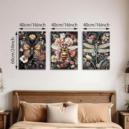 WENGTIAO 3Pcs Vintage Insect Canvas Wall Art Gothic Dark Flower Prints Bee Butterfly Dragonfly Pictures Nature Plant Paintings Artwork for Living Room Bathroom Bedroom 16x24x3