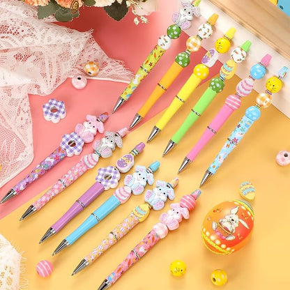 Geyee 12 Set Plastic Beadable Pens Assorted Bead Pens Crystal Wood Round Spacer Set Black Ink DIY Ballpoint for Women Men Gift Office Supplies(Rabbit)