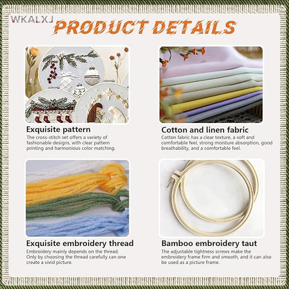 WKALXJ 4 Sets Christmas Embroidery Kits for Adults, Embroidery Kit for Beginners, Cross Stitch Kits for Beginners with Pattern, Needles, Threads, Tools (Resort+Penguin+Fireplace+Elk)
