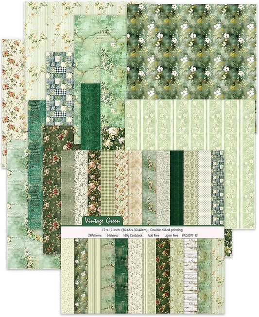 iChuan 24 Sheets Scrapbook Paper 12" Double-Sided Photo Backdrop Patterned Craft Paper 160gsm for Junk Journals Greeting Cards Album Decoration(Floral Design D)