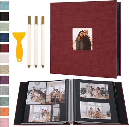 Self Adhesive Photo Album Black Pages Scrapbook Magnetic Photo Albums for 4x6 5x7 8x10 Pictures Books with Sticky Pages with A Metallic Pen for Baby Family Wedding 13.2x12.8 Red 120 Pages