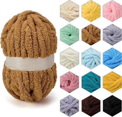 ERLYEEN Chenille Chunky Yarn Super Bulky Soft Thick Fluffy Jumbo Giant Washable Polyester Big Yarn DIY for Arm Knit Blanket Cushion Bed Sofa Home Decor,Khaki,4.4LB