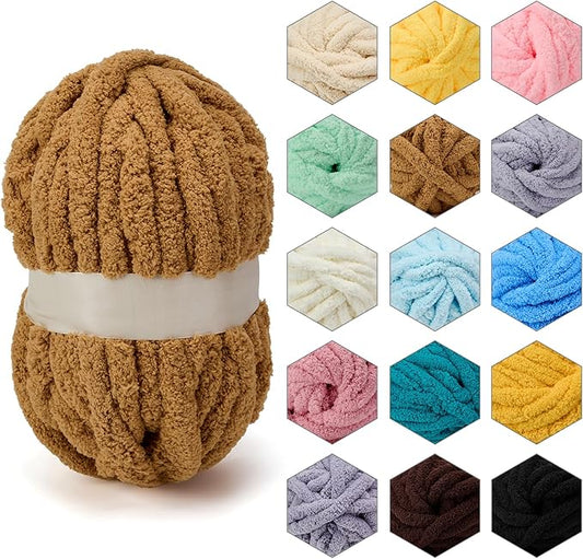ERLYEEN Chenille Chunky Yarn Super Bulky Soft Thick Fluffy Jumbo Giant Washable Polyester Big Yarn DIY for Arm Knit Blanket Cushion Bed Sofa Home Decor,Khaki,0.55LB