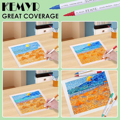 KEMYR 24 Colors Brush & Fine Tip Acrylic Paint Pens, Dual Tip Acrylic Paint Markers for Paper, Wood, Canvas, Stone, Rock, Glass, Fabric, DIY, Ceramic, Art Supplies for Adults Drawing