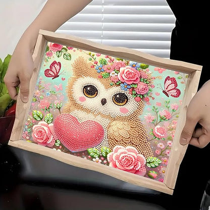 DoxQcs DIY Diamond Art Wooden Tray Kit Easter Food Tray with Handle Diamond Painted Table Decoration Tray for Breakfast Bar Dinner Table Diamond Art Painting for Beginners-#03-Owl