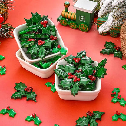 50 Pieces Holly Berries Christmas Embellishments Flatback Green Leaves Resin Charms Cute Charms Wreath Making Supplies Handmade Art Craft for Christmas Cards DIY Garland Scrapbook Decor