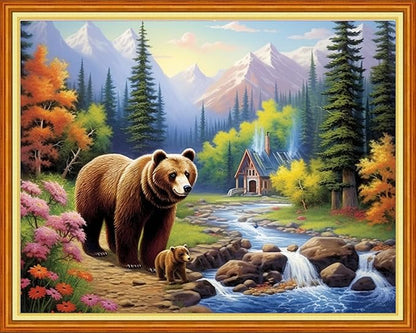 DMCVIVR Stamped Cross Stitch Kits for Beginners Adults Needlepoint Kits for Beginners Embroidery Kits for Adults Crossstitch Kit for Beginners 11CT-Bear Scenery 16x20 inchs