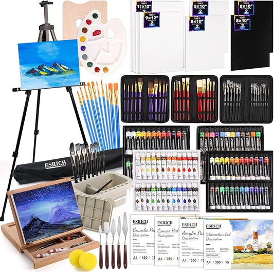 ESRICH 166 Pcs Painting Set, Painting Supplies with 96 Paint(Oil, Watercolor，Gouache & Acrylic Paint) Metal and Wooden Easels, Canvas, Paper Pads, 45 Paintbrushes etc. for Adults, Kids, Artists