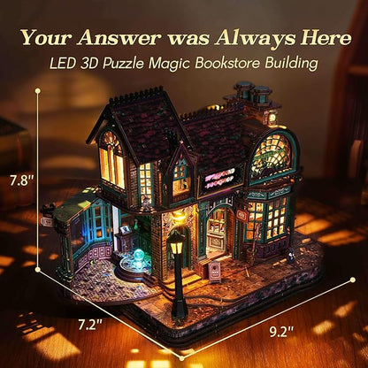 3D Wooden Puzzle Magic Bookstore with LED Lights - DIY Miniature Kit, Spellbound Bookshop, Home Décor Display, Creative Gift for Adults and Teens