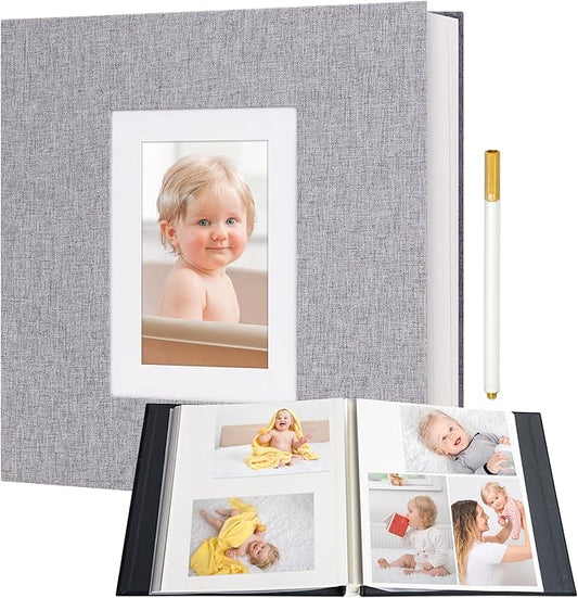 Vienrose Photo Album Self Adhesive for 2x3 4x6 5x7 8x10 Pictures DIY Scrapbook 60 Blank Pages Linen Cover Memory Book for Wedding, Baby Growth, Travel, Grey