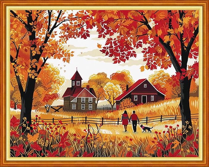 Dimensean Stamped Cross Stitch Kits Full Range of Embroidery Patterns Starter Kits for Beginners Adult DIY Cross Stitches Needlepoint Kits 11CT- Golden Autumn Strolling 16x20 inch