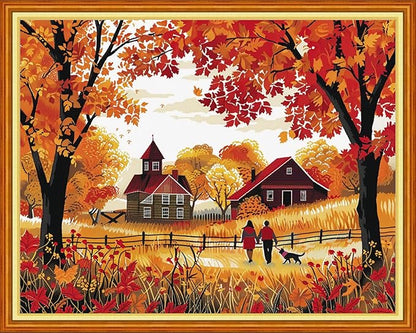Dimensean Stamped Cross Stitch Kits Full Range of Embroidery Patterns Starter Kits for Beginners Adult DIY Cross Stitches Needlepoint Kits 11CT- Golden Autumn Strolling 16x20 inch