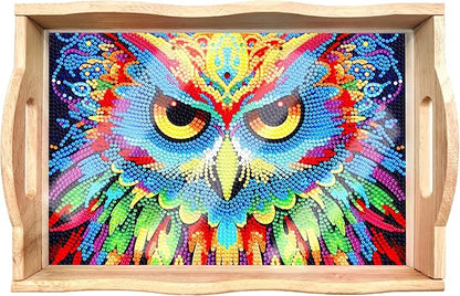 Generic FGbaby DIY 5D Owl Diamond Painting Wood Serving Tray with Handles Diamond Art Decorative Serving Trays Wooden Tray for Breakfast in Bed, Patio, BBQ, Coffee Table, Party –Great for Lap & Couch