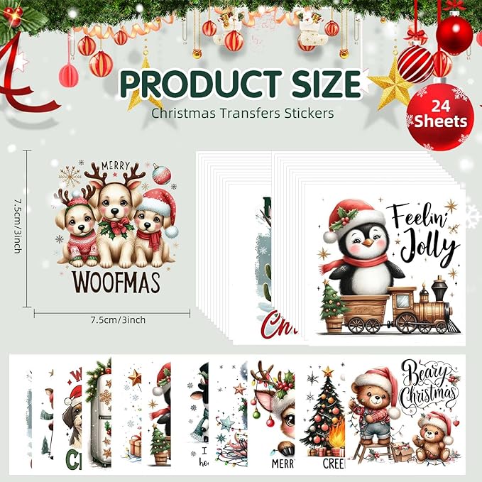 24 Sheets Vintage Christmas Rub On Transfers for Crafts, Rub On Transfers Christmas for Wood，Furniture Decals, Glass, Porcelain, Leather, Canvas, Fabric Projects,3 * 3inch(Animal Party)