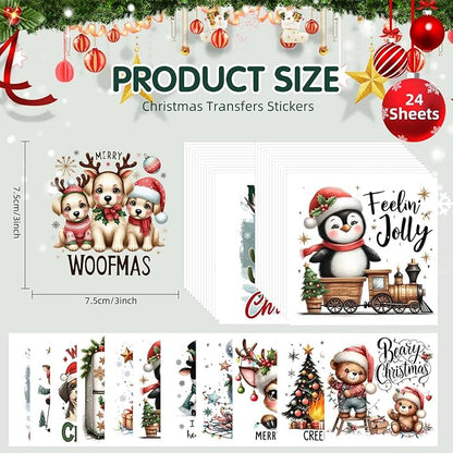 24 Sheets Vintage Christmas Rub On Transfers for Crafts, Rub On Transfers Christmas for Wood，Furniture Decals, Glass, Porcelain, Leather, Canvas, Fabric Projects,3 * 3inch(Animal Party)