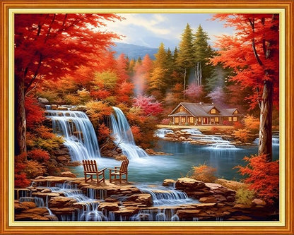 Dooxvey Cross Stitch Kits for Adults Stamped Full Range of Embroidery Starter Kits for Beginners 11CT Printed Cross Stitch Patterns Needlepoint Kits Stamped Crossstitch-Autumn Waterfall 16x20 inch
