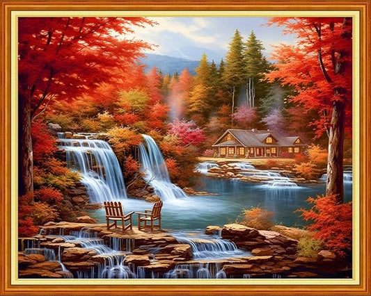 Dooxvey Cross Stitch Kits for Adults Stamped Full Range of Embroidery Starter Kits for Beginners 11CT Printed Cross Stitch Patterns Needlepoint Kits Stamped Crossstitch-Autumn Waterfall 16x20 inch