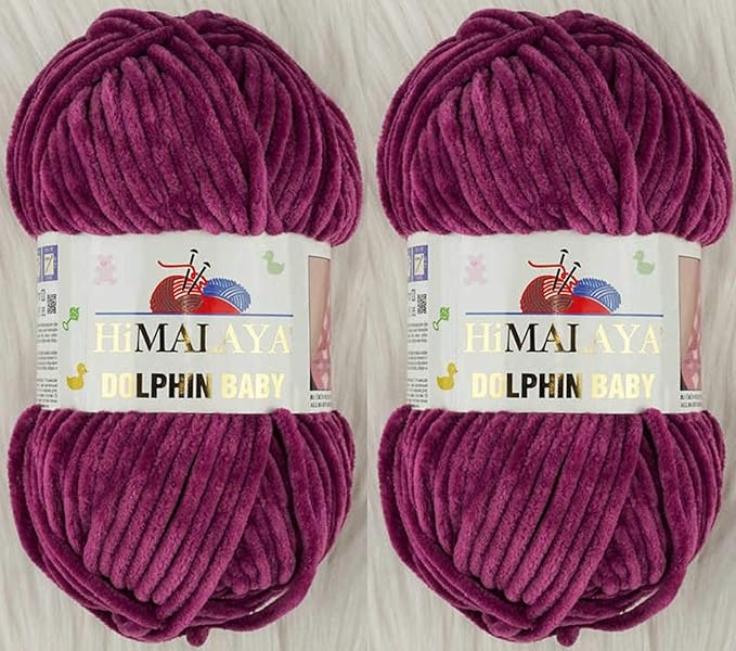 2 Skein/Pack Himalaya Dolphin Baby Chenille Yarn, Each Ball 100 gr (3.5 oz), 120 m (132 Yards), 100% Polyester, Super Bulky Baby Blanket Velvet Amigurumi Yarn, 80338 - Plum