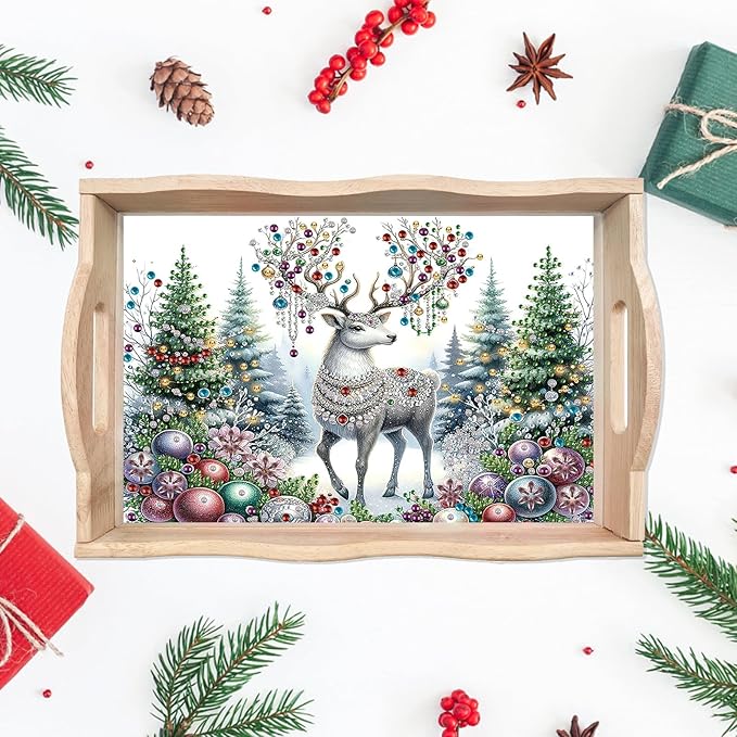 DIY Diamond Art Painting Wooden Tray Kit With Handle, Food Tray for Breakfast, Bar Dinner Table Decoration, Diamond Dots Gem Painting Art Set for Beginners - Christmas Elk2