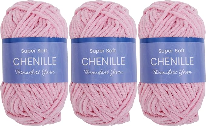 ThreadArt 3 Pack Super Soft Chenille Yarn for Crocheting, Knitting, Amigurumi, 50 Gram 60 yds #5 Fluffy Yarn Skeins - Light Pink