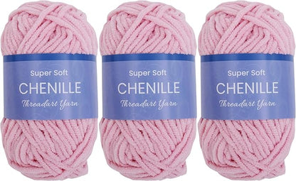 ThreadArt 3 Pack Super Soft Chenille Yarn for Crocheting, Knitting, Amigurumi, 50 Gram 60 yds #5 Fluffy Yarn Skeins - Light Pink