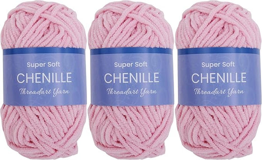 ThreadArt 3 Pack Super Soft Chenille Yarn for Crocheting, Knitting, Amigurumi, 50 Gram 60 yds #5 Fluffy Yarn Skeins - Light Pink