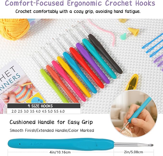 JC CRAFT Deluxe Beginner Crochet Kit – 116-Piece Set with 20 Yarns, Ergonomic Hooks, Accessories, Book for Beginners & Online Tutorial – DIY Starter Kit for Adults & Teens with Purple Bag & Case