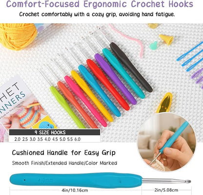 JC CRAFT Deluxe Beginner Crochet Kit – 116-Piece Set with 20 Yarns, Ergonomic Hooks, Accessories, Book for Beginners & Online Tutorial – DIY Starter Kit for Adults & Teens with Purple Bag & Case