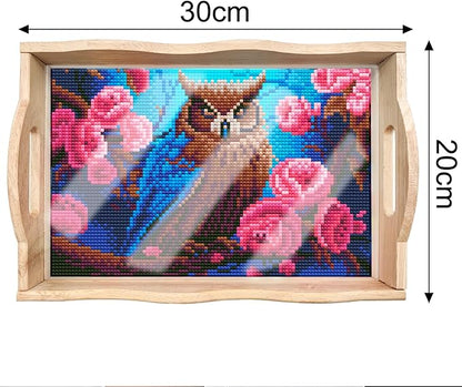 FGbaby DIY 5D Flowers Owl Diamond Painting Wood Serving Tray with Handles Diamond Art Decorative Serving Trays Wooden Tray for Breakfast in Bed, Patio, BBQ, Coffee Table, Party –Great for Lap & Couch