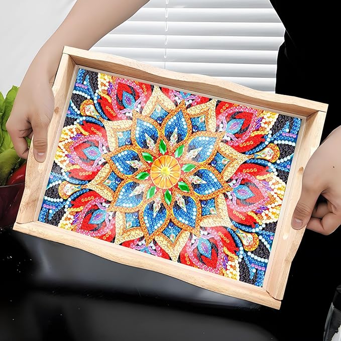 DIY Art Painting Wooden Tray Kit, Food Tray with Handle Diamond Painted Table Decoration Tray, for Breakfast, Bar Dinner Table Diamond Dots Gem Painting Art Set for Beginners (#23-Mandala)